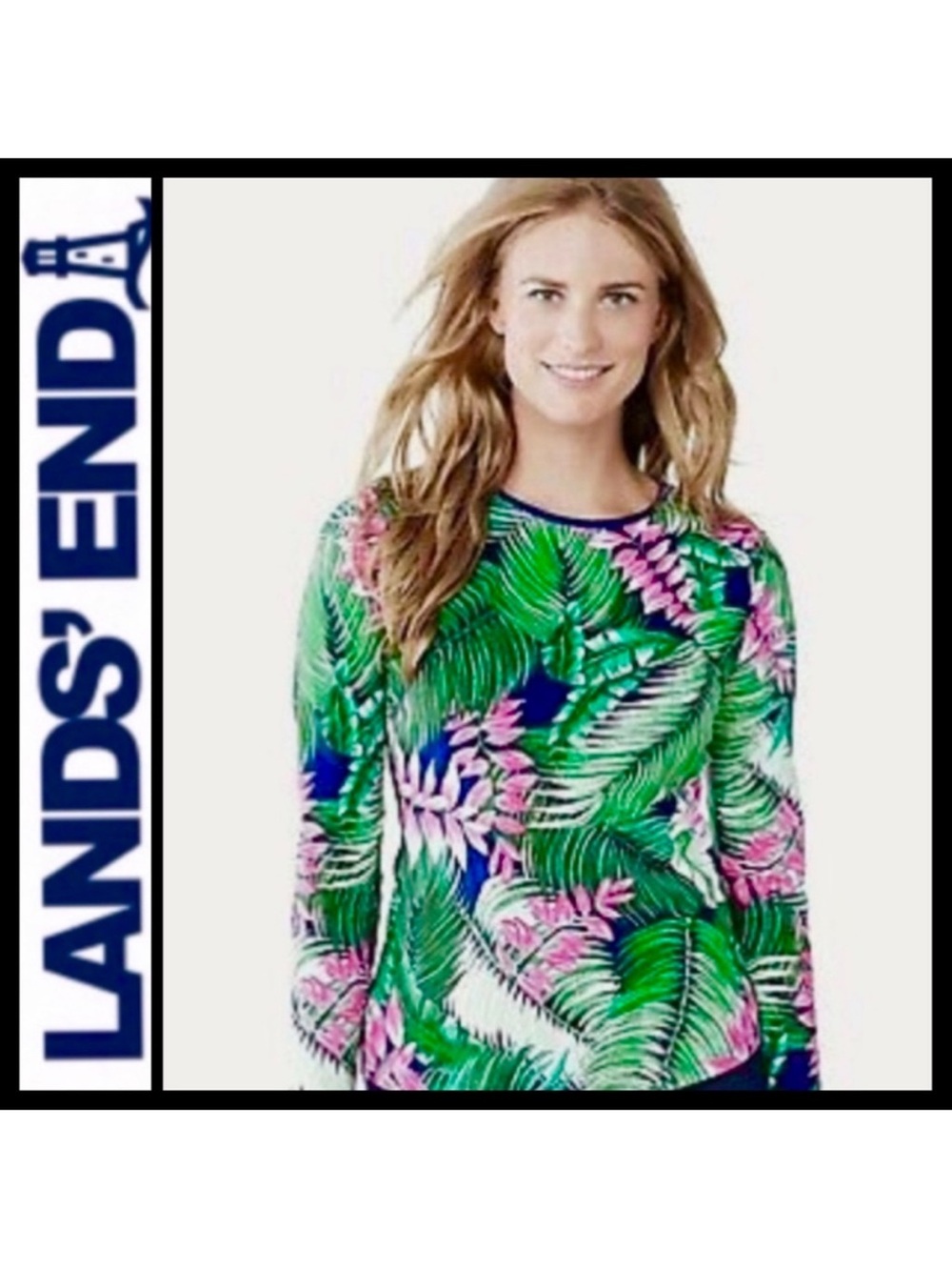 NWOT Lands’ End Tropical Rash Guard Medium (10-12) Relaxed Fit UPF